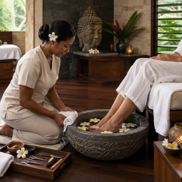 Bain de pieds dans une vasque de pierre, Villa Victoria Spa