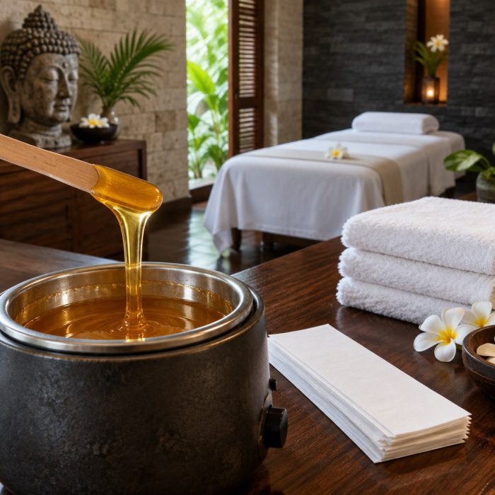 Cire tiède et spatule de bois prêtes pour l’épilation, Villa Victoria Spa