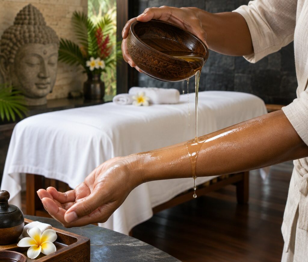 Huile de coco tiède versée avant un massage lomi lomi, Villa Victoria Spa