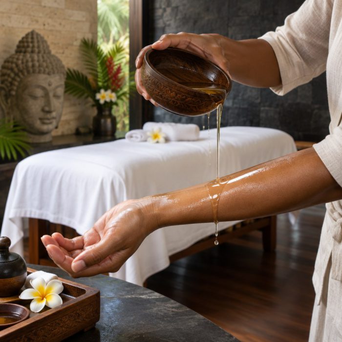 Huile de coco tiède versée avant un massage lomi lomi, Villa Victoria Spa