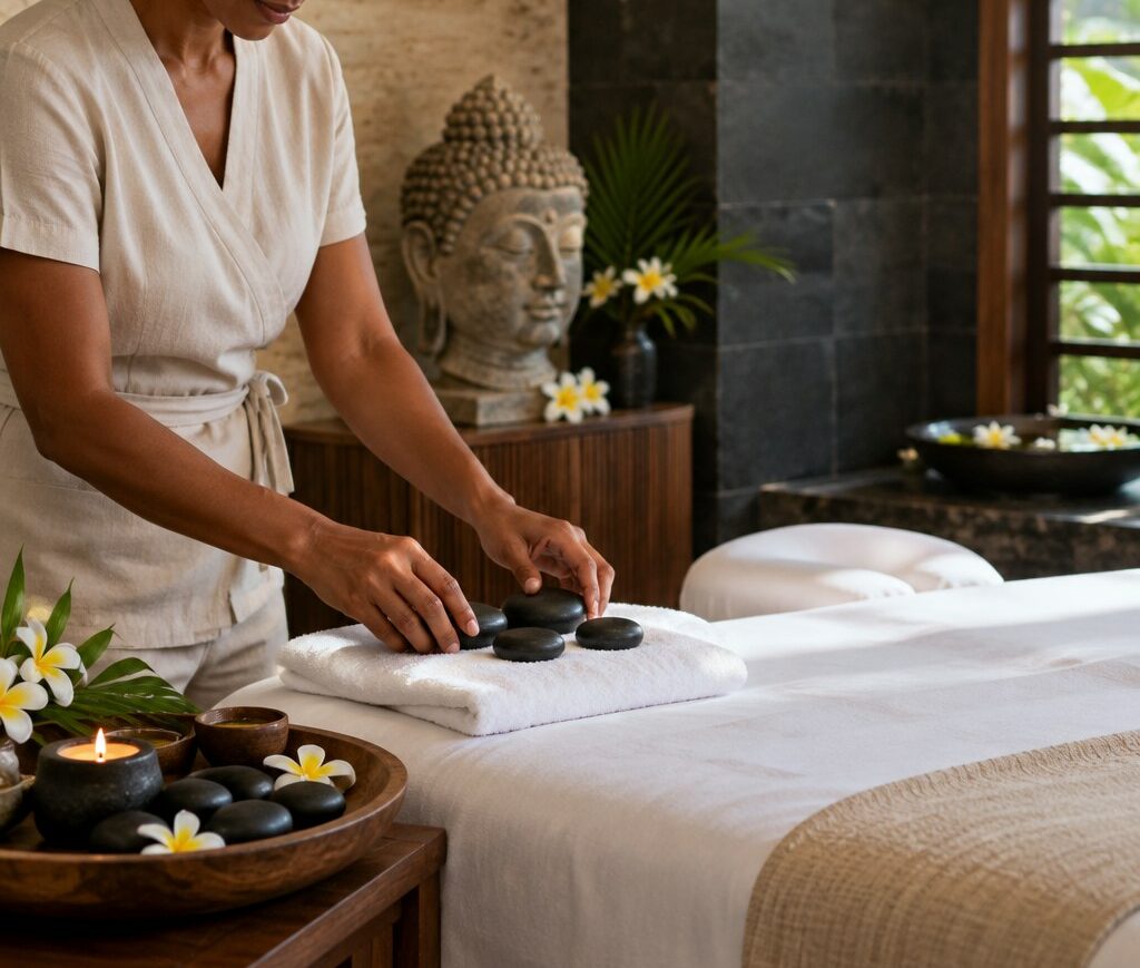 Pierres de basalte chauffées disposées près de la table de massage, Villa Victoria Spa