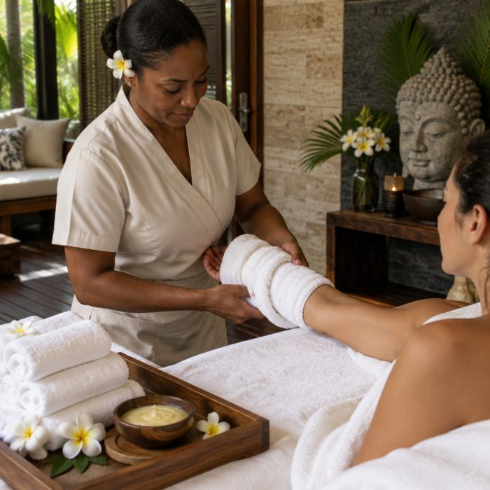 Serviettes chaudes et baume nourrissant du soin cocooning, Villa Victoria Spa