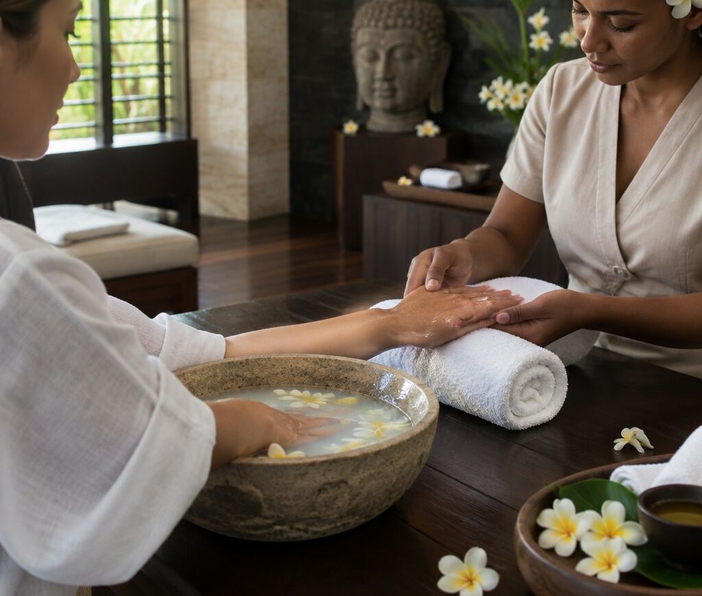 Bain de mains fleuri dans une vasque de pierre, Villa Victoria Spa