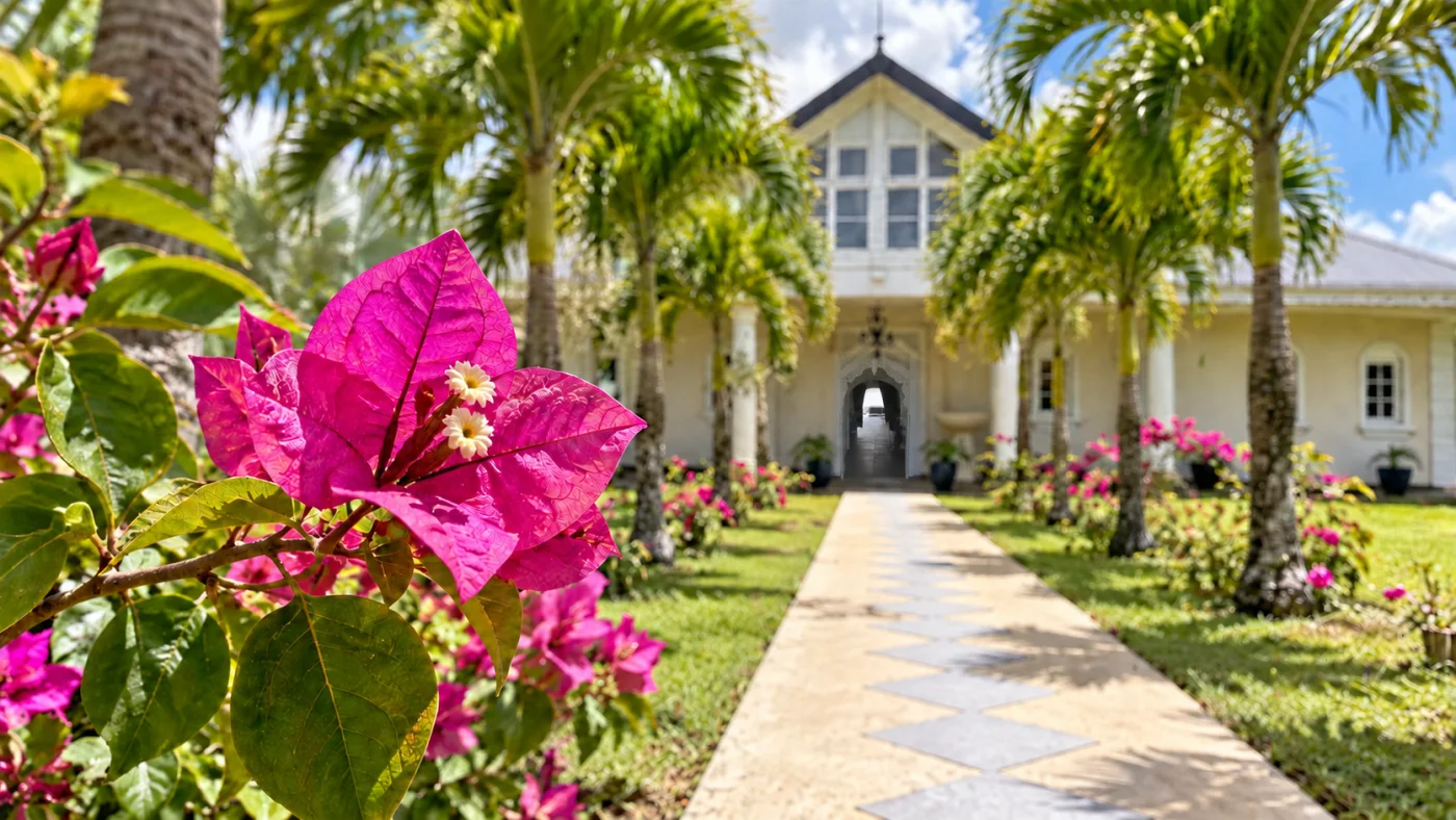 Allée bordée de palmiers et de bougainvilliers menant à la façade de la Villa Victoria
